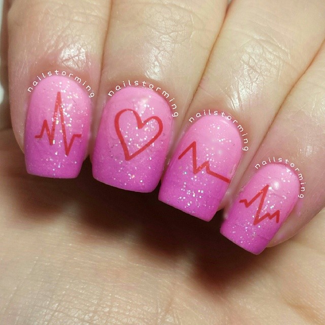 Pink Glitter EKG Heart Manicure by Gianna - Nailstorming