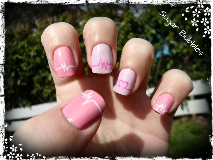 Pink EKG Heart Manicure by Sugar Bubbles